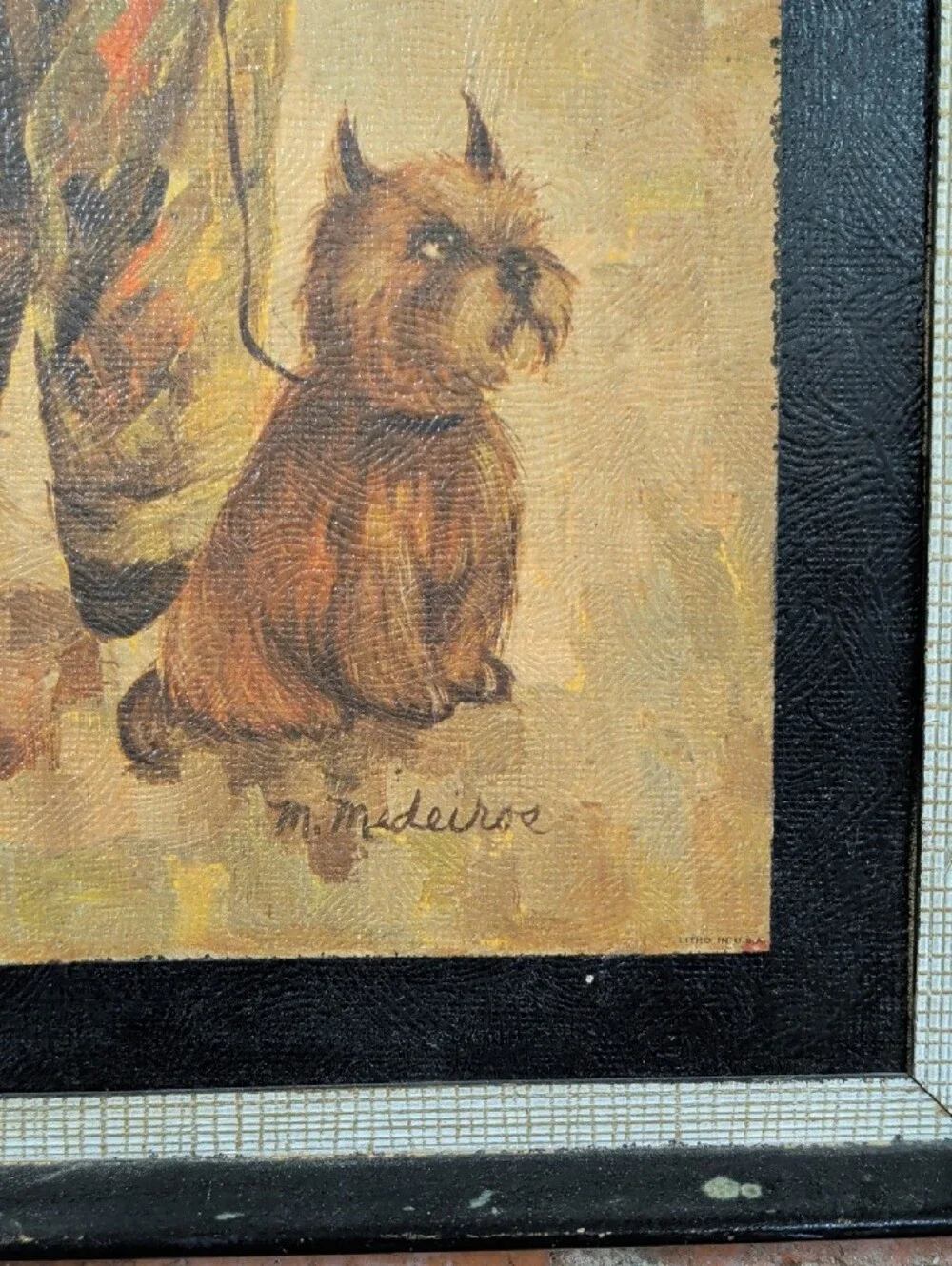 Vintage Style Framed Wall Art Set M  Medeiros Lithograph Children w Pets Dog Cat